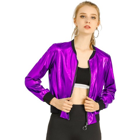 INSPIRE CHIC Women's Holographic Fashion Stand Collar Metallic Lightweight Zip Bomber Jacket Large Dark Purple