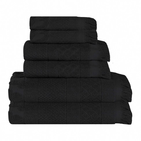 Cotton Geometric Jacquard Plush Soft Absorbent 6 Piece Towel Set, Black 