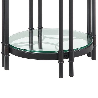 Modern Farmhouse Round Oak & Sandy Black End Table with Glass Shelf