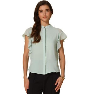 INSPIRE CHIC Women's Work Stand Collar Ruffle Short Sleeve Button Down Shirts - 1 of 4