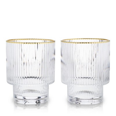 Gold Rimmed Rippled Crystal Lowball Tumblers Set of 2