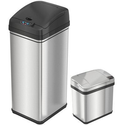 iTouchless Combo Set Touchless Sensor Kitchen and Bathroom Trash Cans with AbsorbX Odor Filter 13 and 2.5 Gallon Silver Stainless Steel