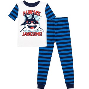 Always Jawsome Youth Boy's Blue & Black Striped Short Sleeve Shirt & Sleep Pants Set - 1 of 4