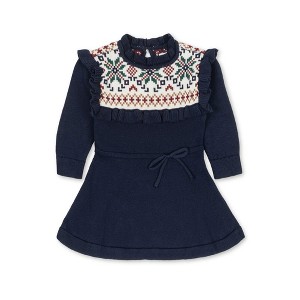 Hope & Henry Girls' Organic Ruffle Collar Fair Isle Yoke Sweater Dress, Scottish Snowflake, 18-24 Months - 1 of 4
