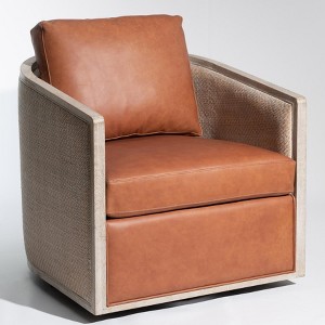 KINWELL 100% Top Grain Genuine Leather Oak Frame Rattan Swivel Barrel Armchair - 1 of 4
