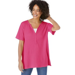 Woman Within Plus Size Split-Neck Henley Thermal Tee - 1 of 4