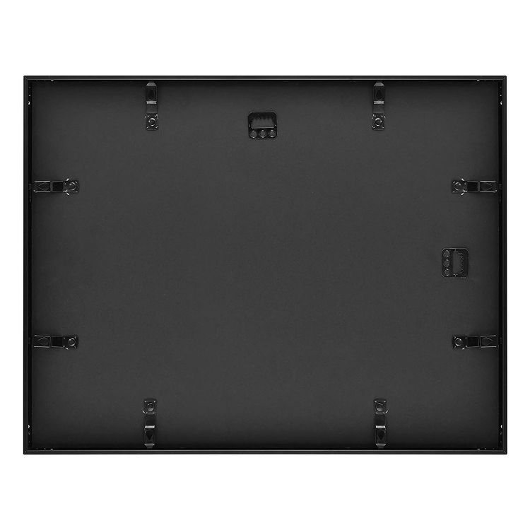 A black colored rectangular frame with multiple mounting clips on the back.