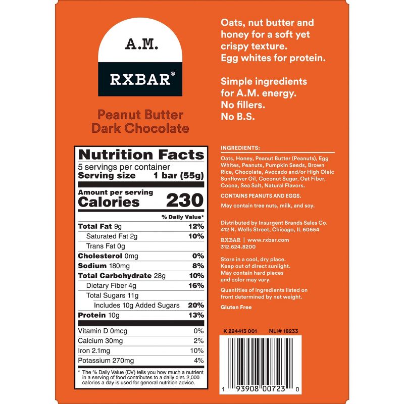 RXBAR A.M. Peanut Butter Dark Chocolate Protein Bars - 5ct/9.7oz, 4 of 7