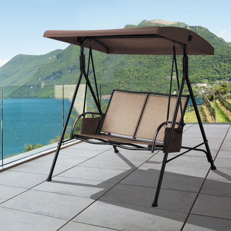 Tangkula 2-Person Patio Swing Seat Outdoor Porch Swing All Weather Hammock w/Canopy & Storage Pockets Brown, 2 of 7