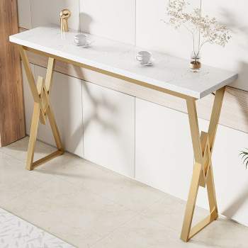 Modern White Kitchen Bar Height Dining Table Wood Breakfast Pub Table with Gold Base-Maison Boucle