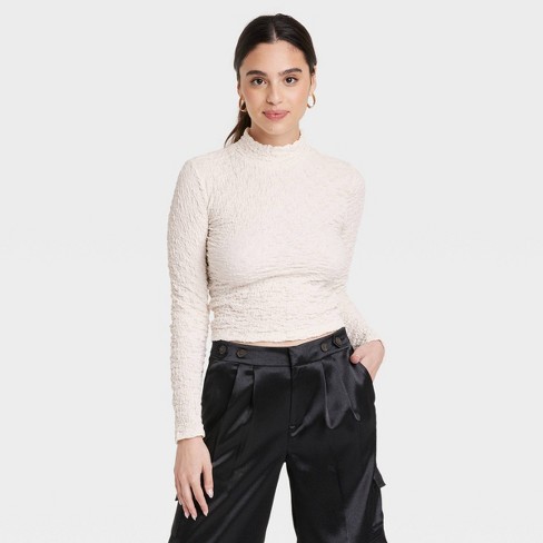 Women's Long Sleeve Slim Fit Mock Turtleneck T-shirt - A New Day™ Cream M :  Target