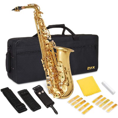 LyxJam Alto Saxophone E Flat Brass Sax Beginners Kit, Mouthpiece, Neck Strap, Cleaning Cloth Rod, Gloves, Hard Carrying Case With Removable Straps, 10 Bonus Reeds