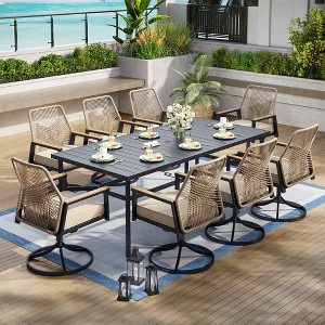 Captiva Designs 9pc Outdoor Patio Rectangle Black Metal Table & Beige Rattan Cushioned Chairs - 1 of 4