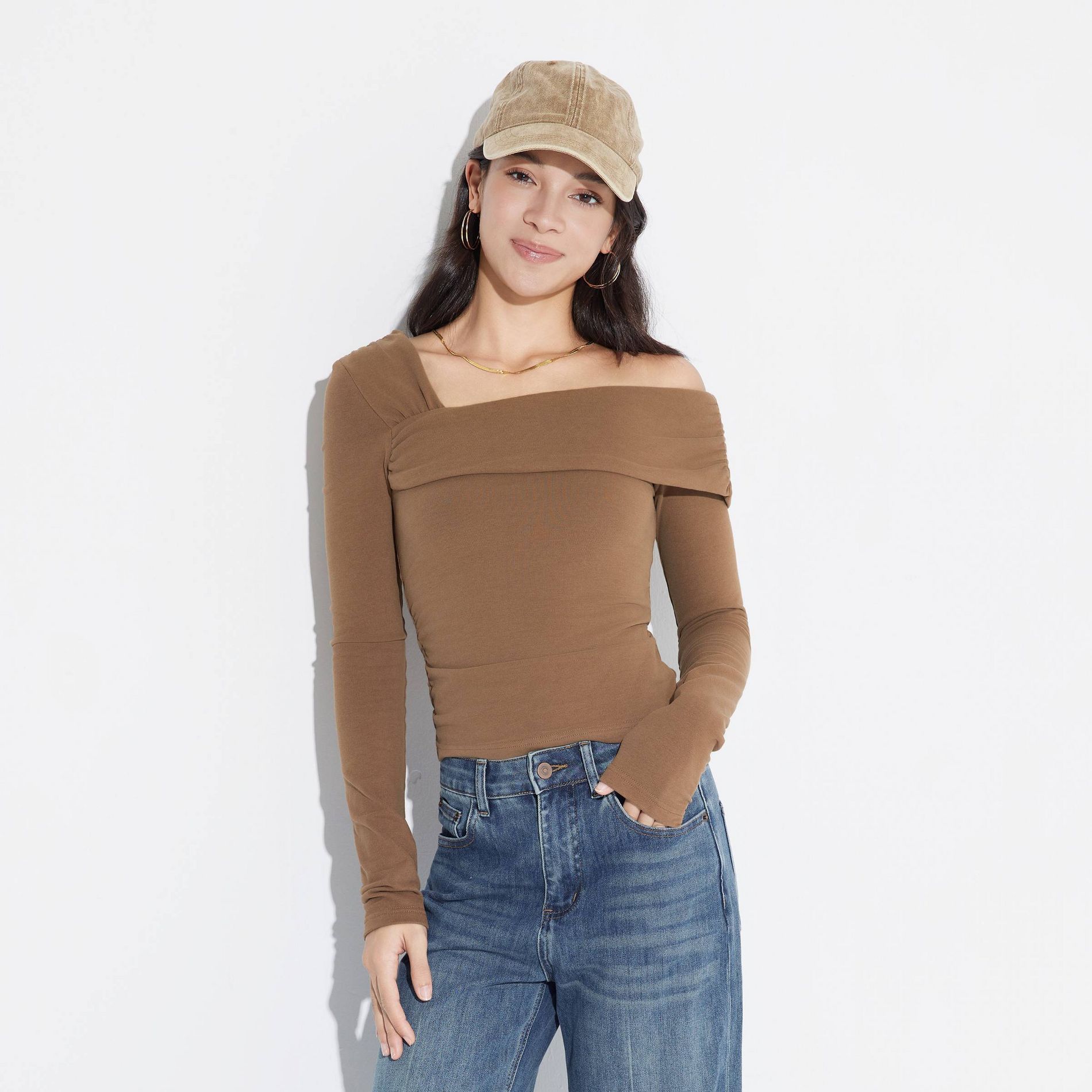 Women's Long Sleeve Asymmetrical Cropped Top - Wild Fable™