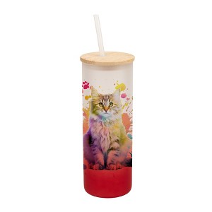 100 North 25 Ounce Frosted Glass Gradient Travel Tumbler With Straw & Wooden Lid, Maine Coon Cat Paint Splatter Red - 1 of 4