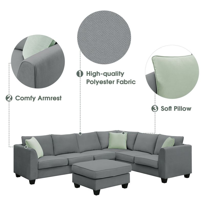 Modular Sectional Sofa 7 Seats with Ottoman L Shape Fabric Sofa Corner Couch Set with 3 Pillows-ModernLuxe, 5 of 12