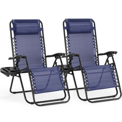 DOMETOUR Set of 2 Zero Cravity Lounge Chairs Outdoor Patio Folding Recliners for Pool Beach with Pillow and Cup Holder Blue