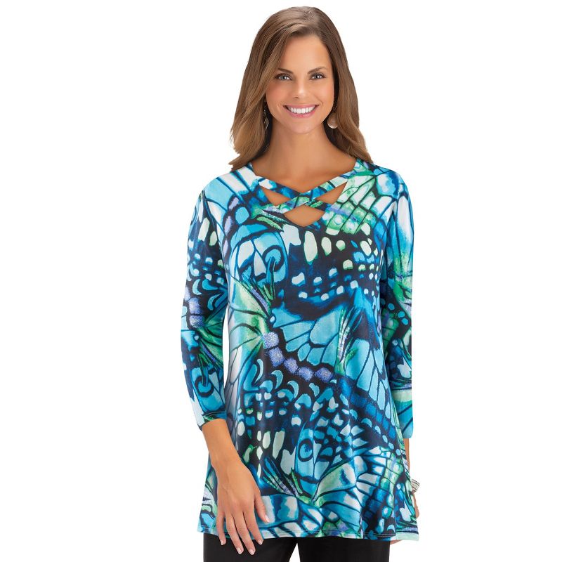 Collections Etc Abstract Butterflies X-Neckline 3/4 Length Sleeve Tunic, 2 of 5