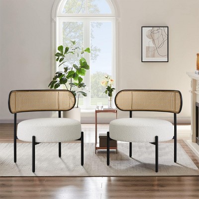Boucle Accent Chair with Rattan Back,Boucle Rattan Accent Chair with Black Metal Base,Cane Accent Chair For Living Room-The Pop Home
