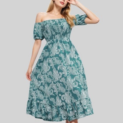Anna-Kaci Women's Paisley Off Shoulder Midi Dress with Smocked Bodice and Ruffled Hem
