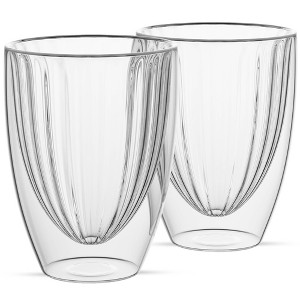 Elle Decor Ribbed Double Wall Set of 2 Coffee Cups, Ribbed Insulated Glass, Clear - 1 of 4