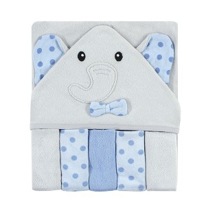 Hudson Baby Unisex Hooded Towel and Five Washcloths, Blue Dots Gray Elephant, One Size - 1 of 2