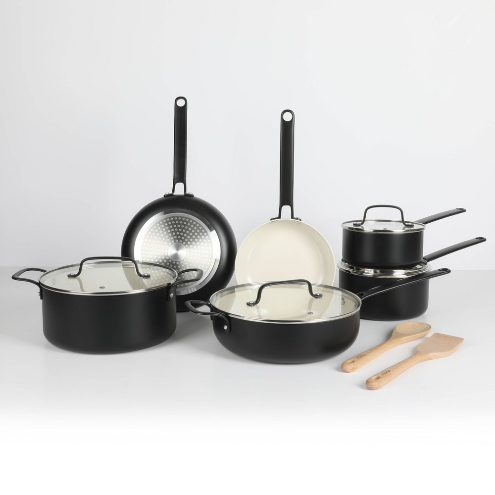 Martha Stewart Emmeline 12pc Heavy Guage Aluminum Premium Ceramic Nonstick Cookware Set Black: Skillets & Sauce Pans