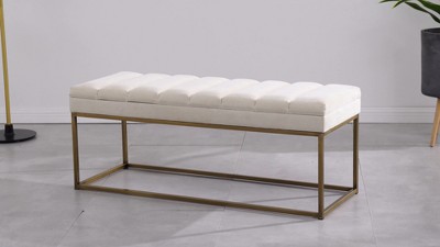 Light Gray Polyester Upholstered Bench with Brushed Gold Steel Base