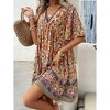 Coolmee Womens Dresses Boho Floral V Neck Short Sleeve Smocked Elastic Waist Casual A-Line Swing Mini Dress Sundress - 2 of 4