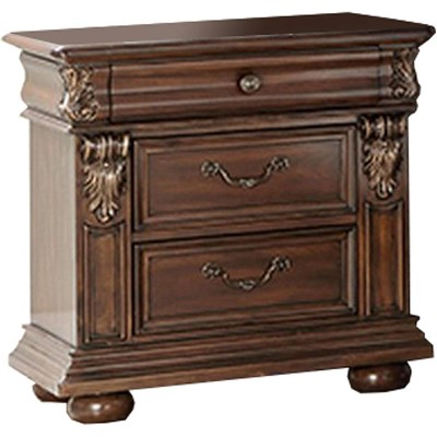 ORRD 3 Drawer Wooden Nightstand with Molded and Carved Details, Brown