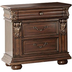 ORRD 3 Drawer Wooden Nightstand with Molded and Carved Details, Brown - 1 of 4