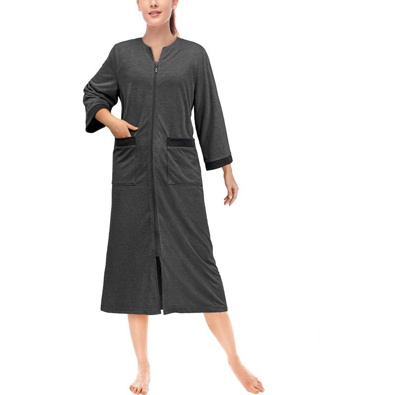 PAVILIA Women Zipper Robe, Loungewear Dress Lightweight Sleepwear Housecoat Nightgown Long Bathrobe, Jersey Robe with Pocket, 1 of 9