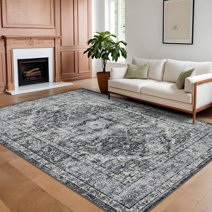 Washable Area Rugs, Floral Vintage Distressed Print Pattern Medallion Carpet, Rugs for Living Room Bedroom - 1 of 4