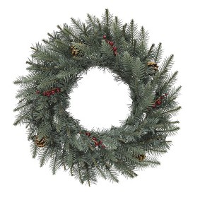 Perfect Holiday 24" Carolina Spruce Wreath with Pine Cones & Red Berry Clusters - 1 of 2