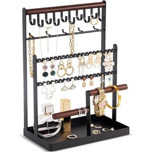 6-Tier Jewelry Display Stand with 15 Hooks, Multi-Level Necklace & Earring Organizer Tower for Bracelets & Rings, Black - 1 of 4