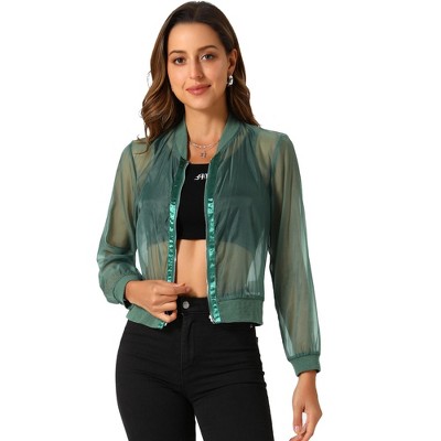 Allegra K Women's Zip Up See-Through Lightweight Long Sleeve Mesh Bomber Jacket