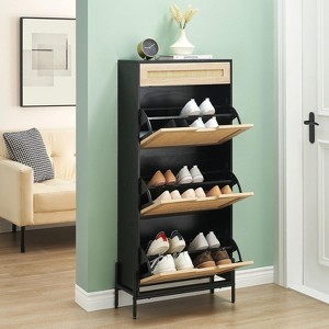 Acekool Rattan Shoe Cabinet with 3 Flip Drawers, 1 Top Drawer & 4 Adjustable Shelves, Compact Entryway Organizer with Metal Legs and Anti-Tip Device - 1 of 4