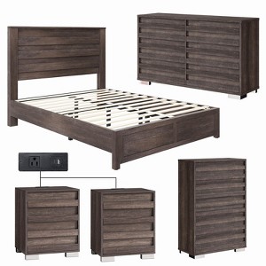 AMERLIFE 5 Pieces Farmhouse Bedroom Sets, Bed Frame, 54" W 6 Drawer Dresser, 47'' H 5 Drawer Dresser, Nightstand Set of 2 - 1 of 4