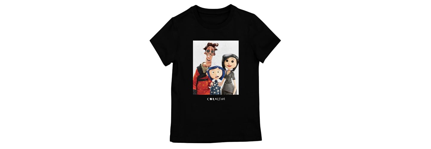Детская футболка Coraline with Other Mother and Other Father, Movie Title Text, on Black Girls T-Shirt, цвет: Чёрный — фото 3