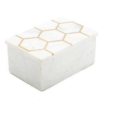 Classic Touch White Marble Decorative Box W/ Gold Hexagon Design On cover