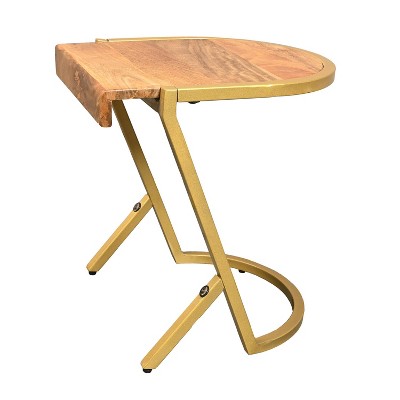 The Urban Port 17" Side End C Table Natural Mango Wood Top with Drop Edge Iron Gold Angled Frame Brown/Gold
