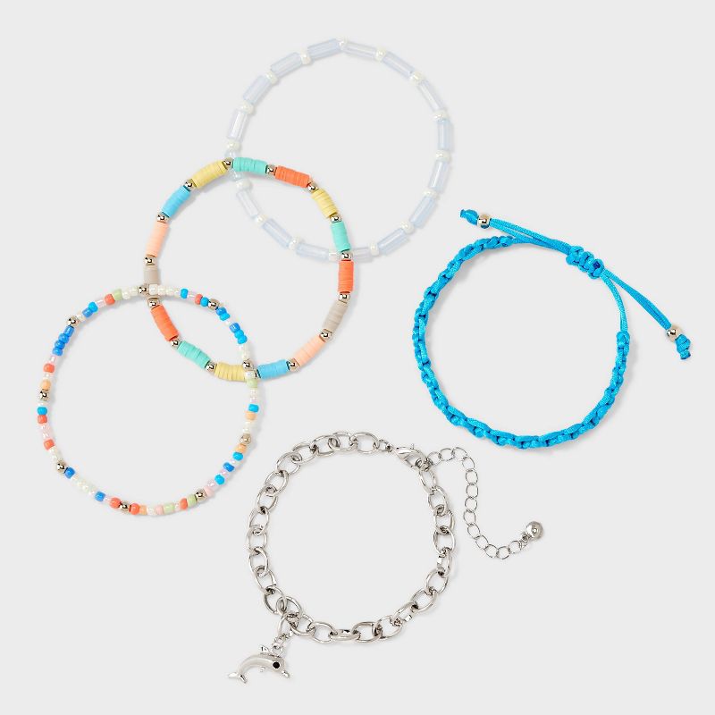 Beaded and Dolphin Mixed Bracelet Set 5pc - Wild Fable&#8482; Silver/Blue, 1 of 6