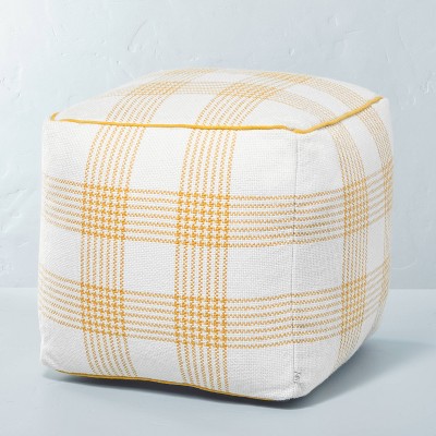 Plaid Indoor/Outdoor Ottoman Pouf Gold/Cream - Hearth & Hand™ with Magnolia