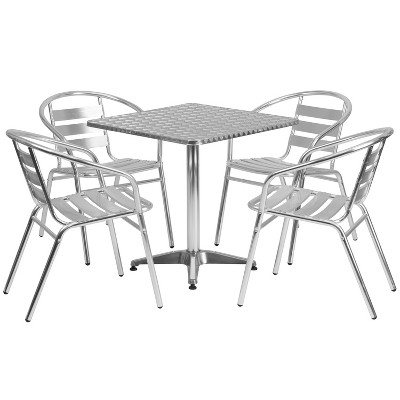 Emma and Oliver 27.5" Square Aluminum Table Set with 4 Slat Back Chairs