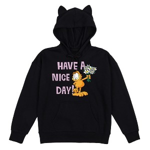 Garfield Have A Nice Day Women's Black Long Sleeve Hooded Sweatshirt With 3D Ears - 1 of 2