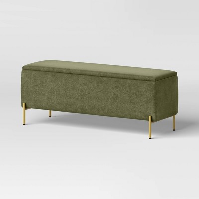 Ivy Upholstered Storage Bench with Brass Legs Sage Green (KD) - Threshold™: Bedroom Furniture, Hinged Lid