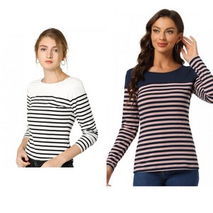 Allegra K Women's Color Block Round Neck Long Sleeves Striped Basic T-Shirt 2 Packs - 1 of 4