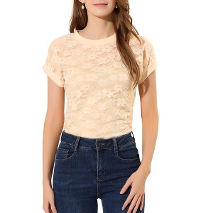 Allegra K Women's Curved Hem Sheer Short Sleeves Floral Lace Blouse - 1 of 4