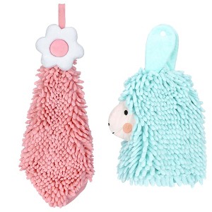 REGALWOVEN Soft Absorbent Flower Pattern and Sheep Pattern Chenille Hand Towel with Loop 6" x 15"/7" x 11" 2 Pcs - 1 of 4