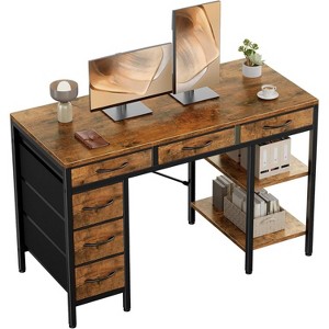 FONTOI 55 Inch Computer Desk Gaming Desk with 6 Drawers Open Shelf Storage Working Table Home Office Desks Study Desk, Brown, 55.12"* 18.11"*30.31" - 1 of 4